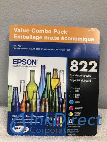 Genuine Epson T82215SVH T8221 - 5 - SVH T822 Ink Jet Cartridge 2 * Black Cyan Magenta Yellow , Epson - All-in-One Workforce Pro WF-3820, WF-4820, WF-4830, WF-4834
